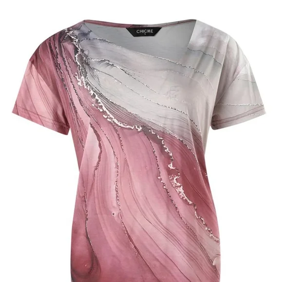 Marble Print Asymmetrical Neck Short Sleeve T-Shirt - Picture 3 of 4